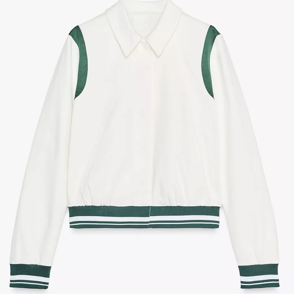 Zara Green & White Contrasting Bomber jacket w/ snap button front